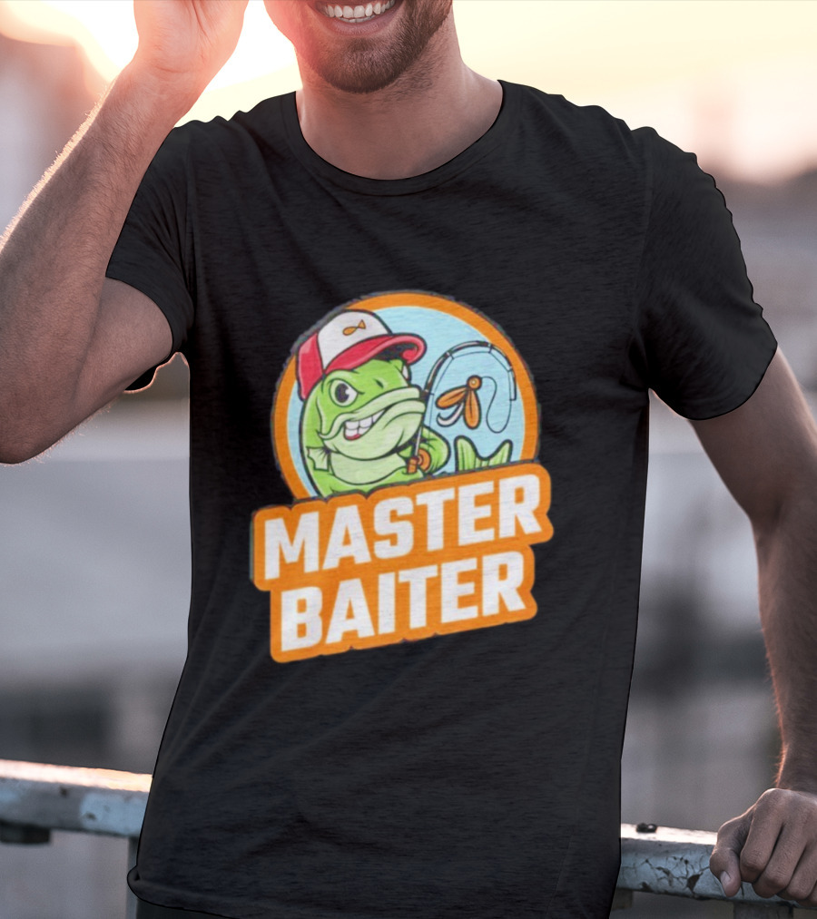 Master Baiter Fishing Cartoon Fish With Red Cap And Fishing Rod T-Shirt
