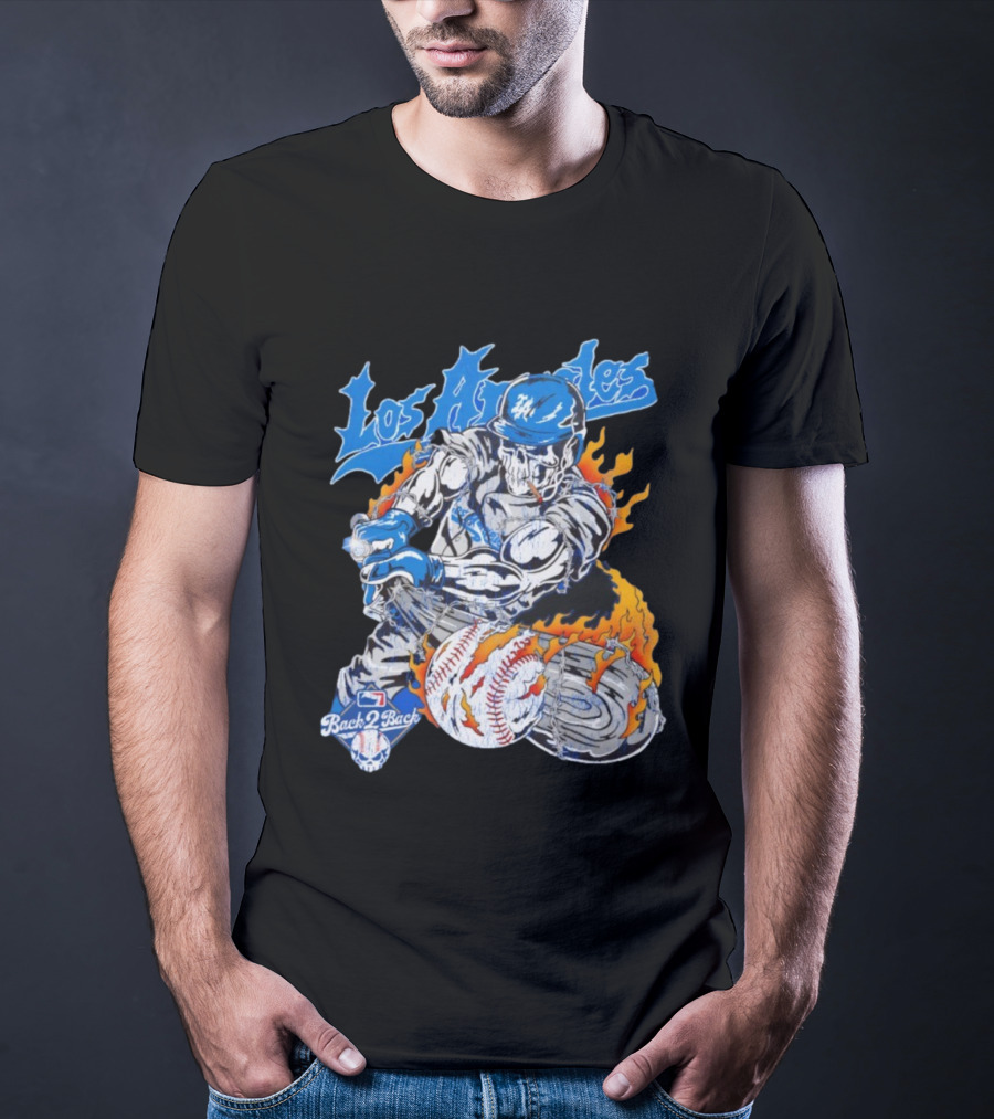 Warren Lotas Back 2 Back Los Angeles Dodgers MLB Skull Baseball Flame Design T-Shirt