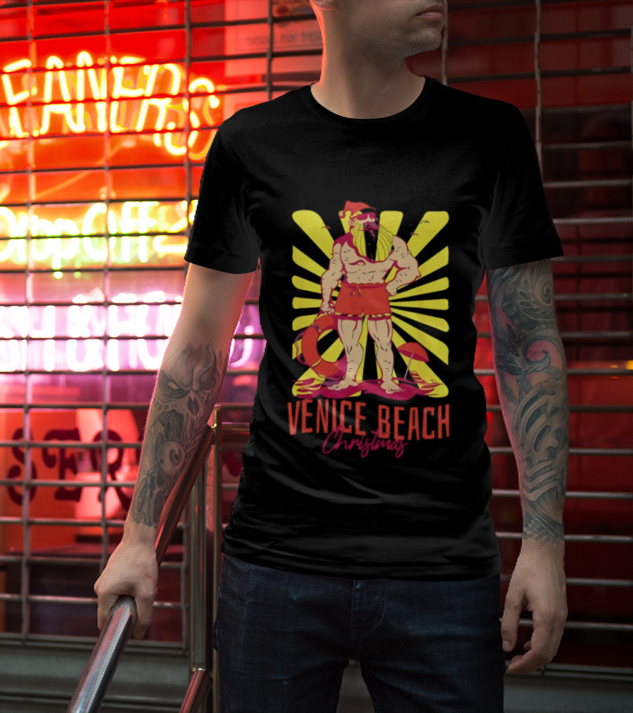 Venice Beach Christmas Lifeguard Santa Sunburst T-Shirt