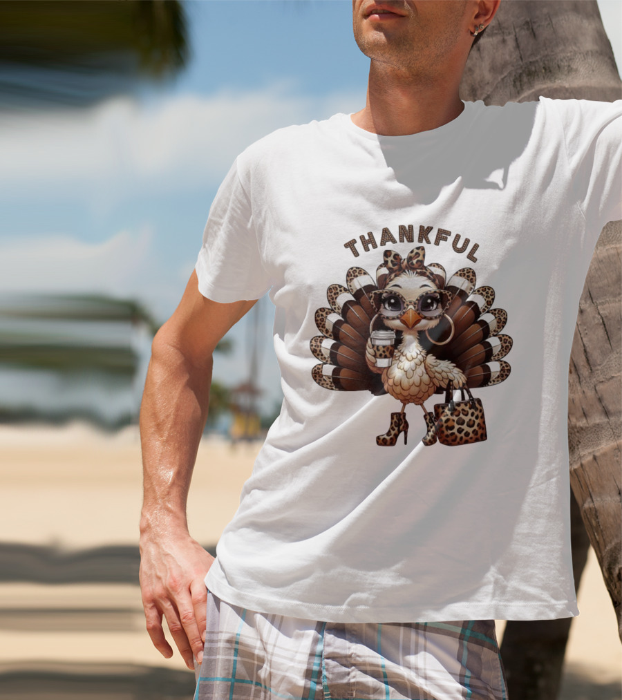 Thankful Leopard Print Turkey Coffee Lover Fashionista T-Shirt