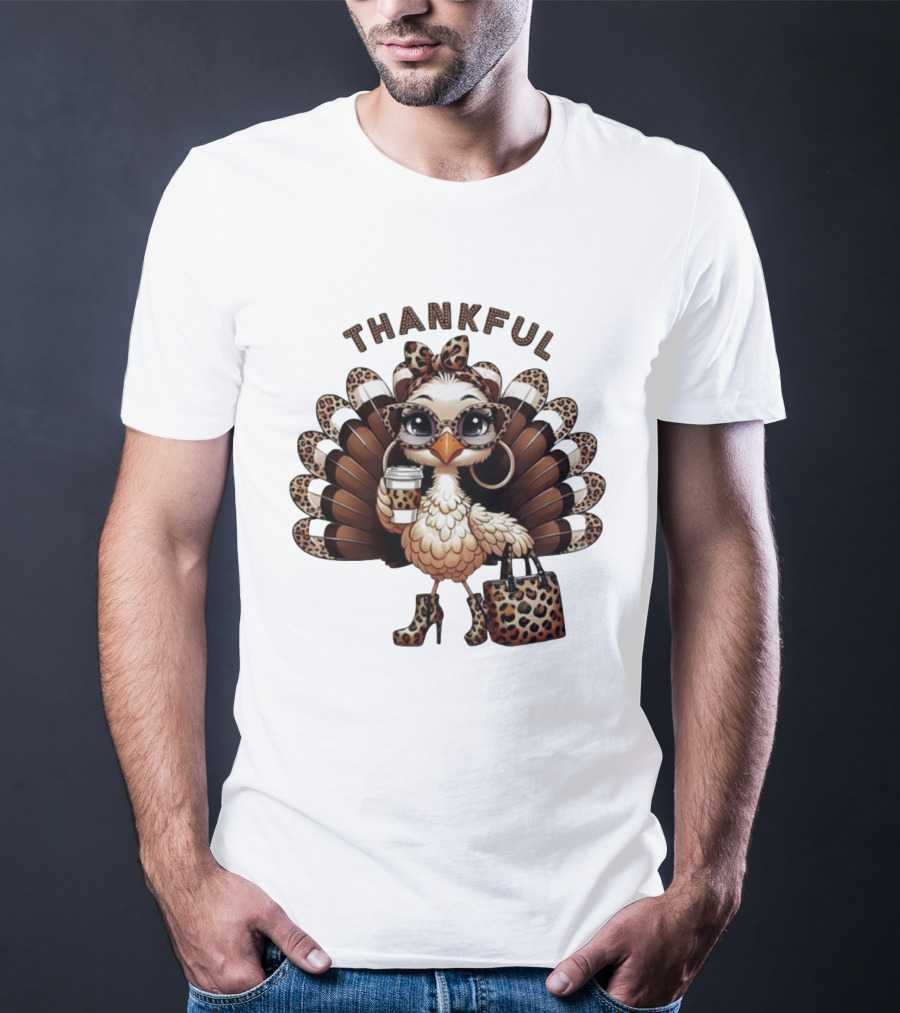 Thankful Leopard Print Turkey Coffee Lover Fashionista T-Shirt
