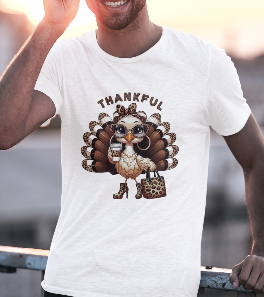 Thankful Leopard Print Turkey Coffee Lover Fashionista T-Shirt
