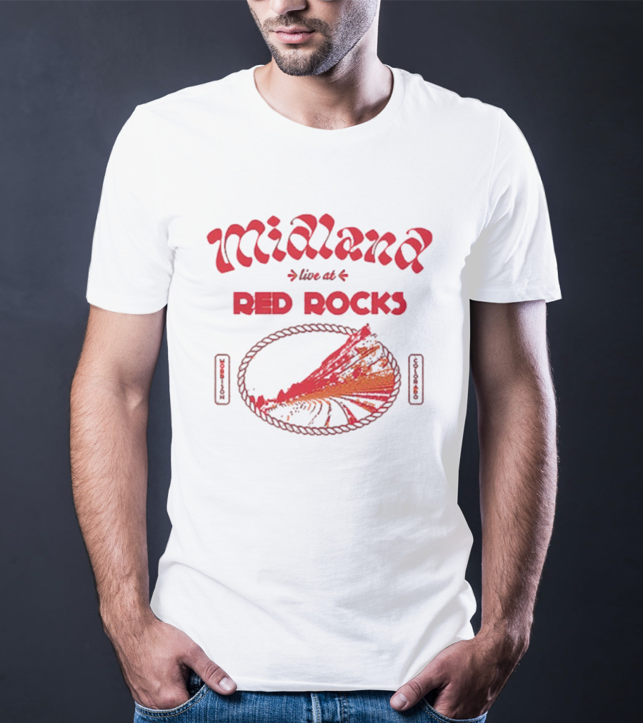 Midland Live At Red Rocks Morrison Colorado Oval Rope And Red Mountain Scene T-Shirt