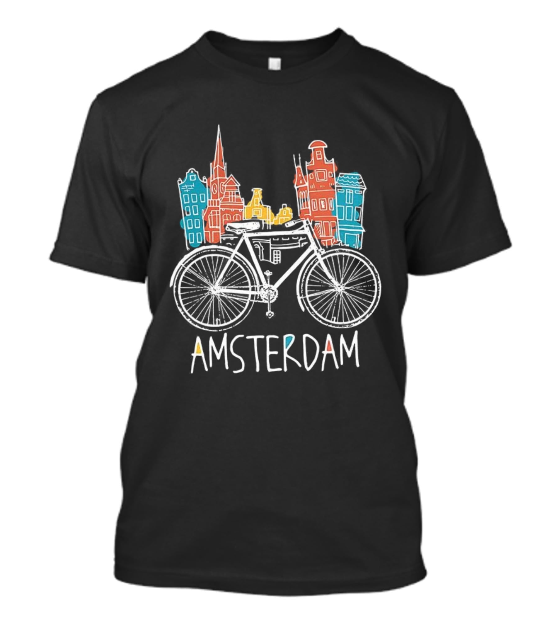 Amsterdam Bicycle Skyline Colorful Sketch Houses T-Shirt