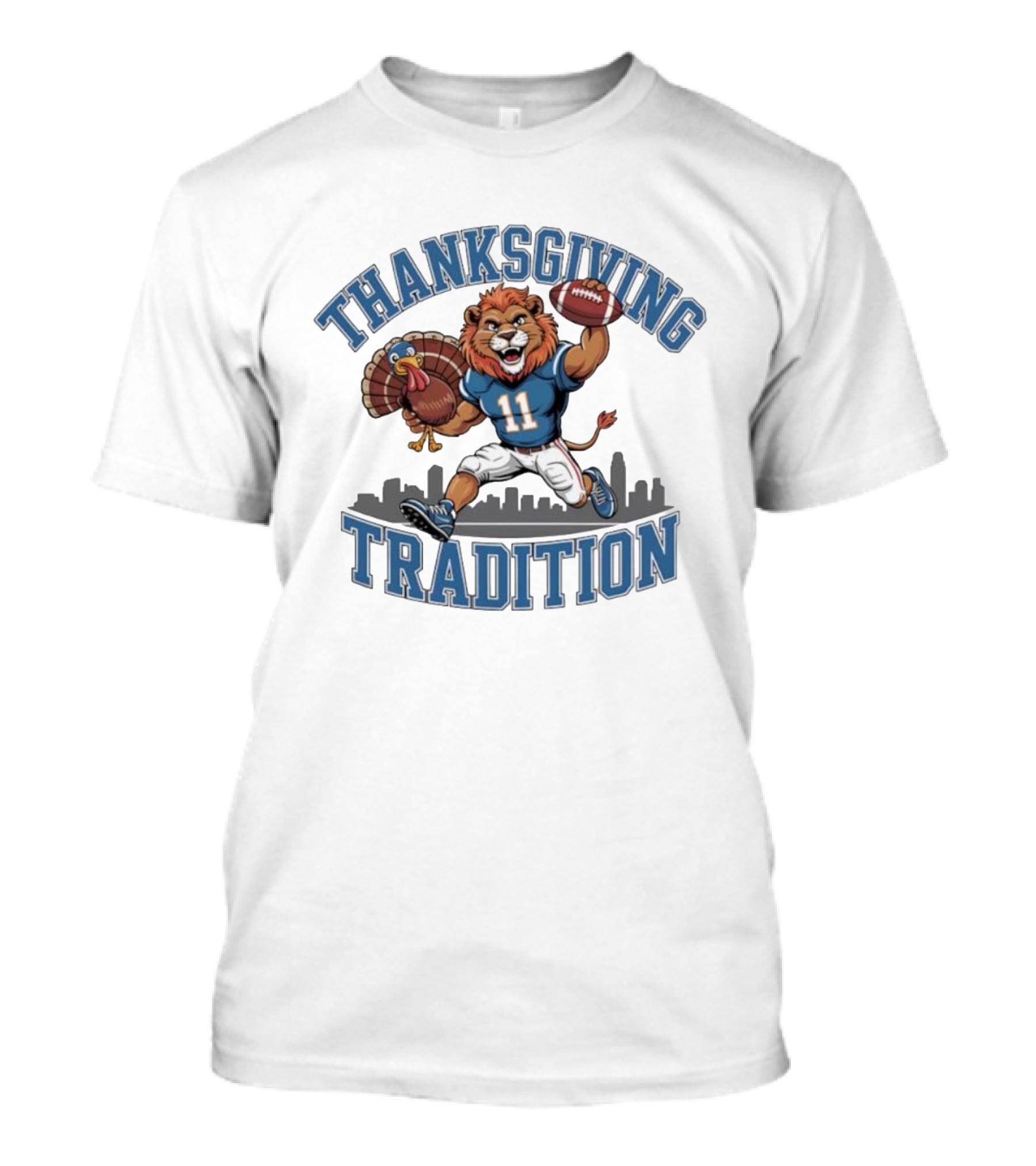 Thanksgiving Tradition Detroit Lions Football Mascot Number 11 Iconic Game Day Skyline T-Shirt