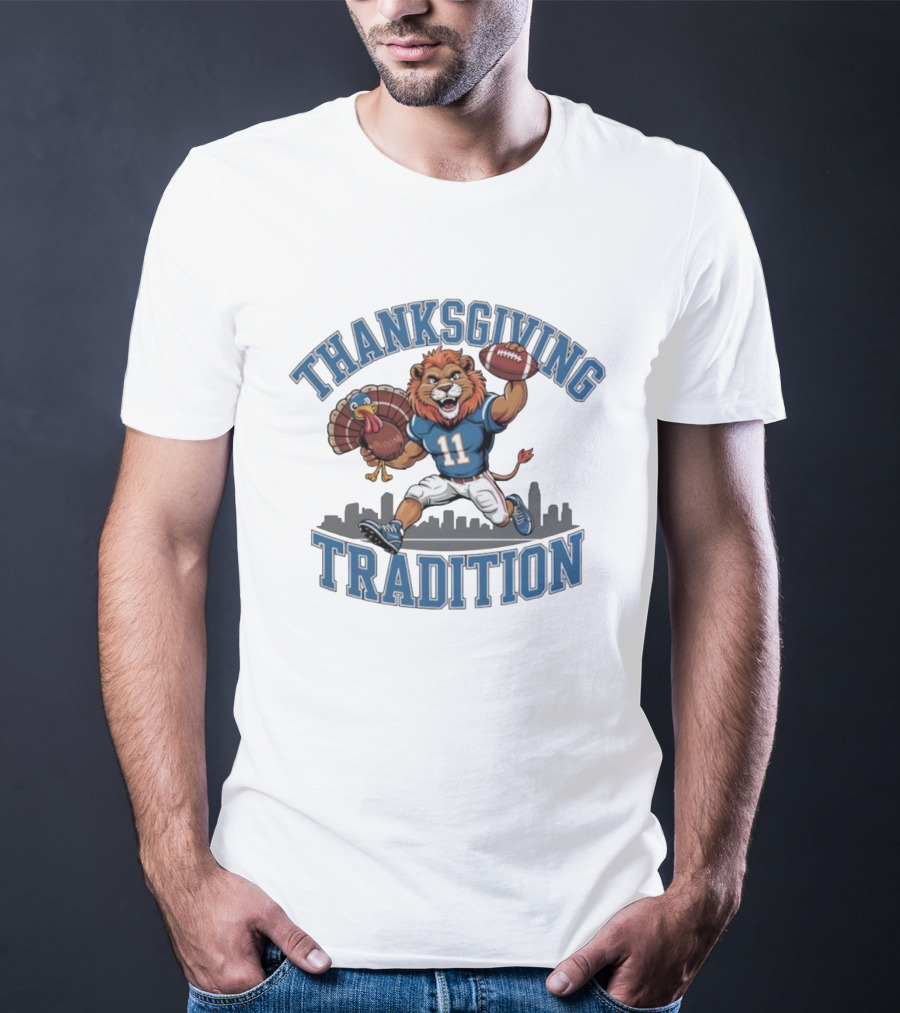 Thanksgiving Tradition Detroit Lions Football Mascot Number 11 Iconic Game Day Skyline T-Shirt