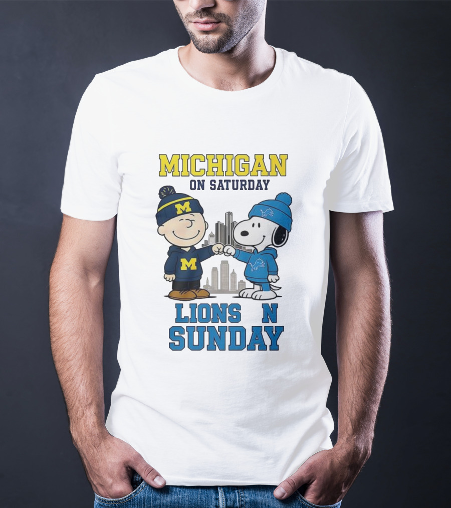 Michigan Wolverines On Saturday Charlie Brown And Snoopy Lions On Sunday T-Shirt