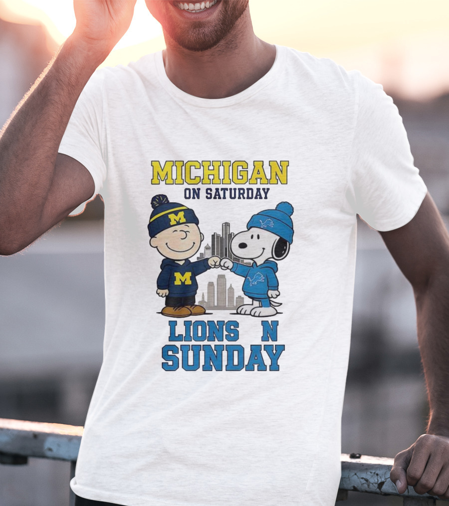 Michigan Wolverines On Saturday Charlie Brown And Snoopy Lions On Sunday T-Shirt