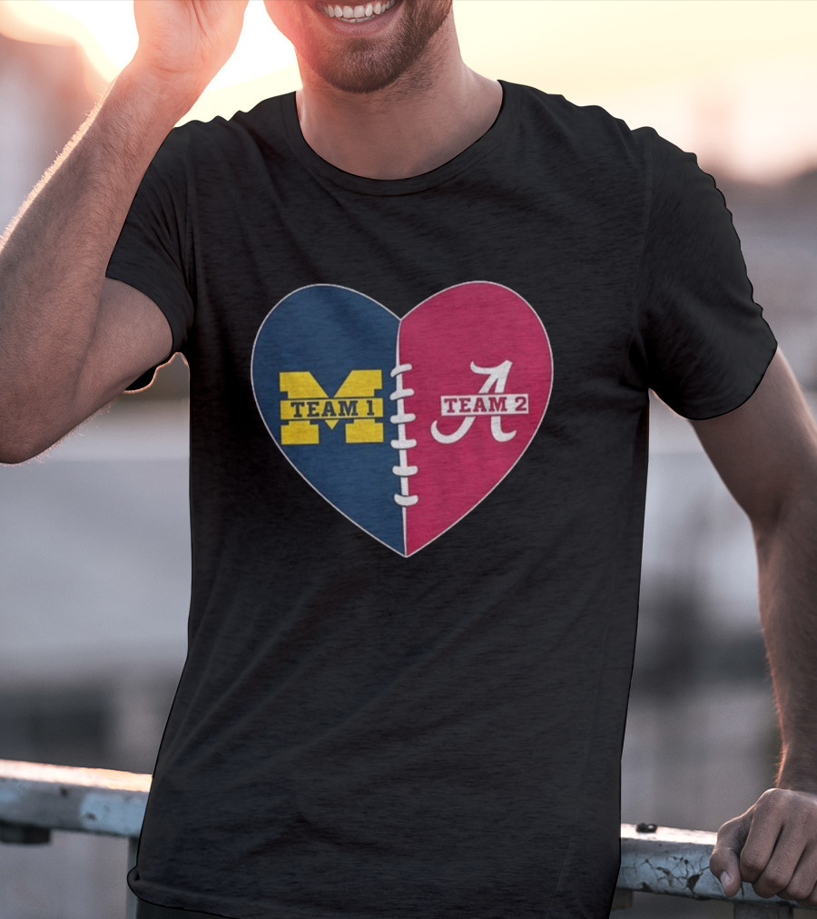 Heart Divided Michigan Wolverines Team 1 Vs Alabama Crimson Tide Team 2 T-Shirt