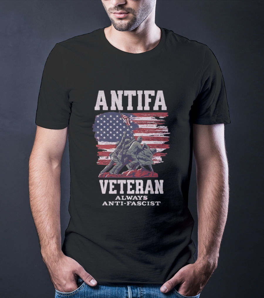 Antifa Veteran Always Anti-Fascist American Flag Iwo Jima Scene T-Shirt
