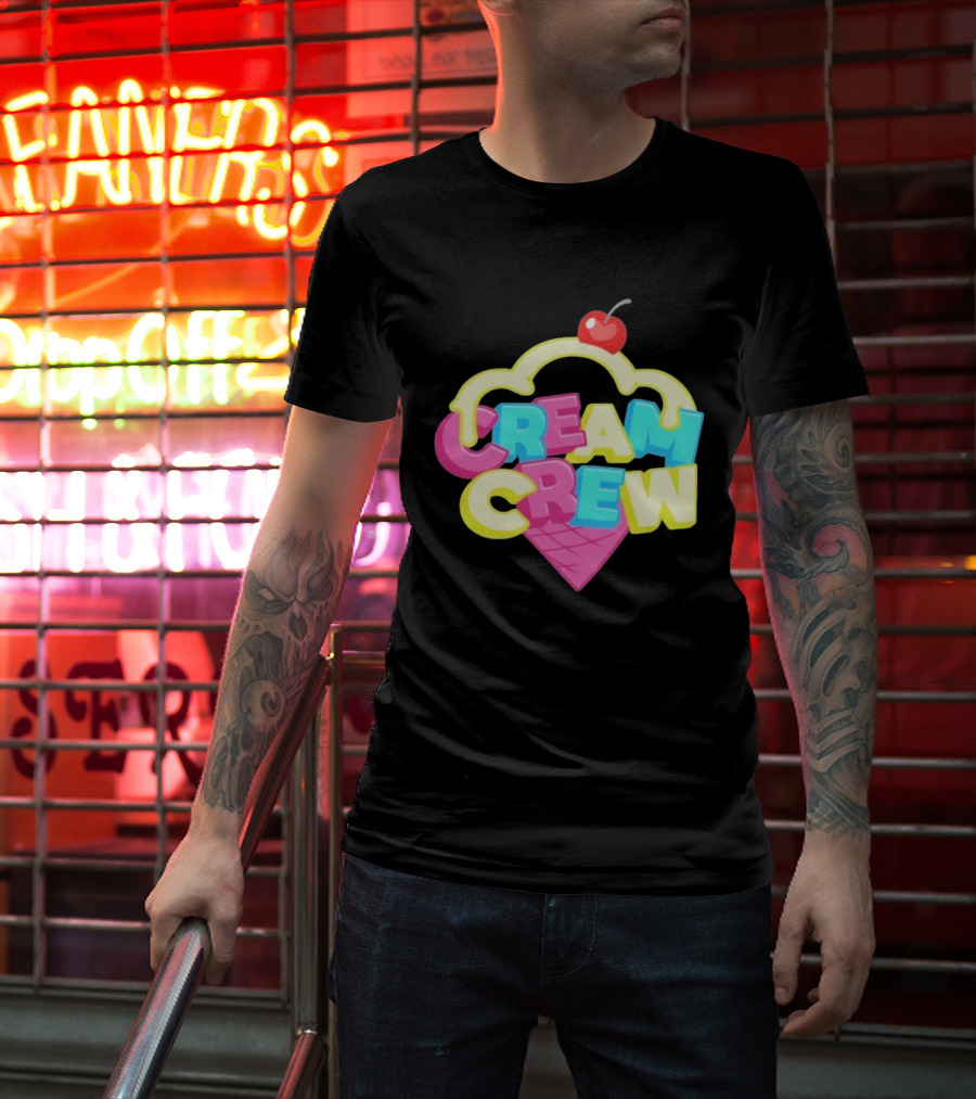 CREAM CREW Ice Cream Cone Cherry Top Colorful Text T-Shirt