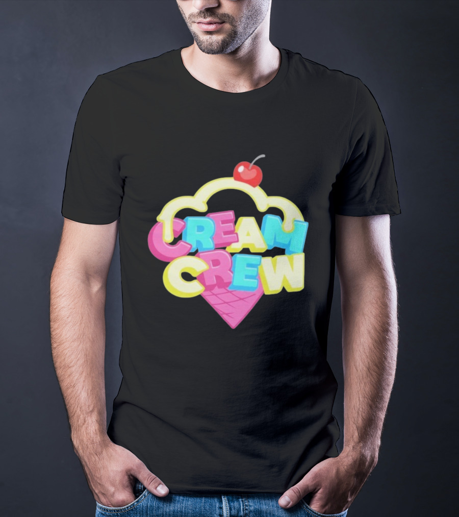 CREAM CREW Ice Cream Cone Cherry Top Colorful Text T-Shirt