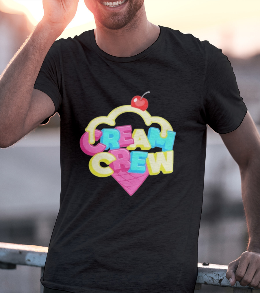 CREAM CREW Ice Cream Cone Cherry Top Colorful Text T-Shirt