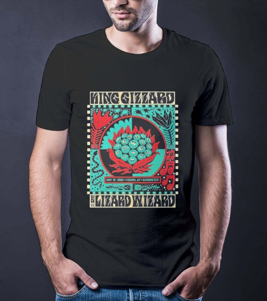 King Gizzard And The Lizard Wizard Vienna Austria November 12 2025 Event At Gasometer Music Notes And Floral Illustration T-Shirt