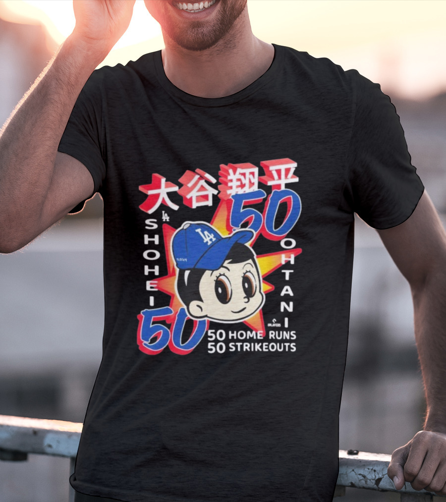 Shohei Ohtani 50 Home Runs 50 Strikeouts Los Angeles Dodgers Cartoon Baseball Hat T-Shirt