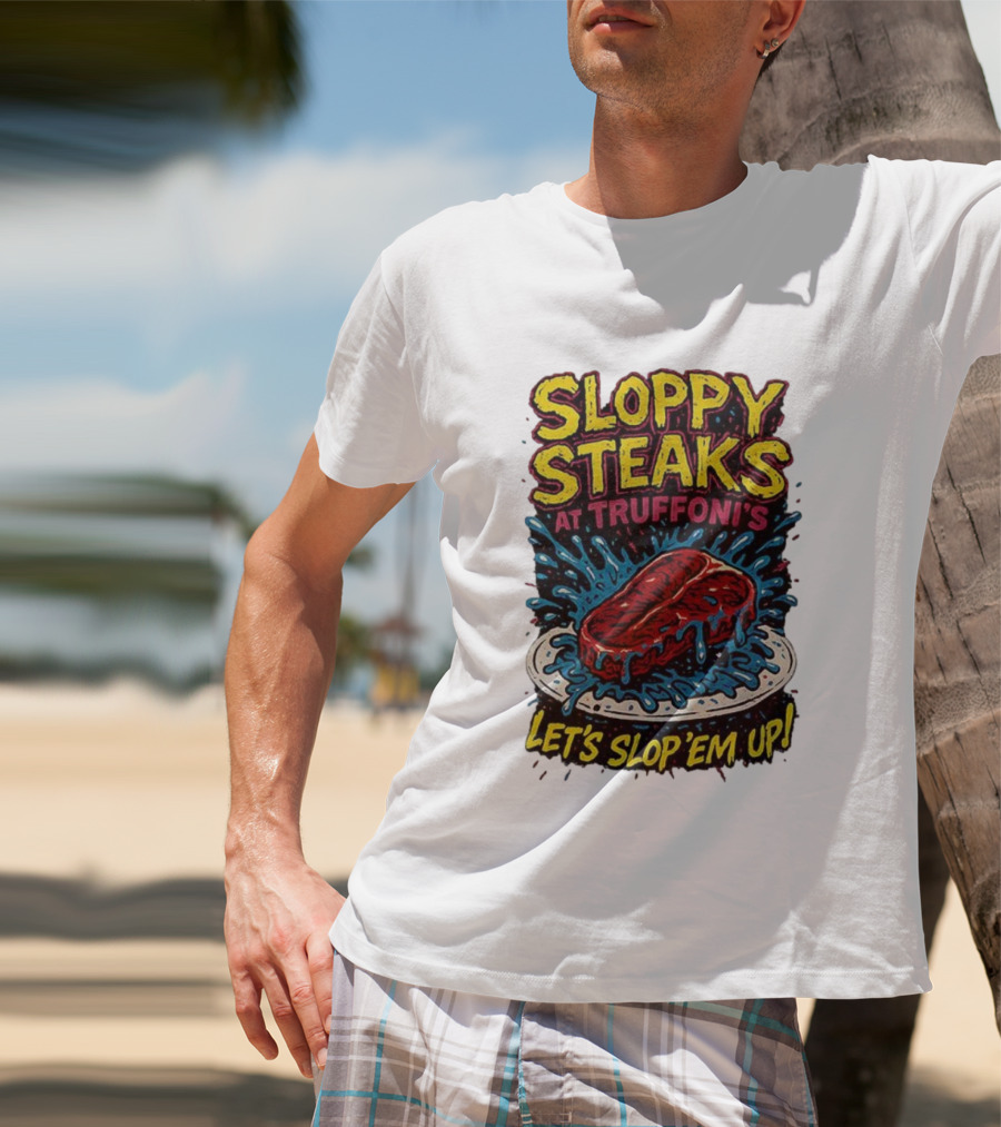 Sloppy Steaks At Truffoni’s Let’s Slop ’Em Up Steak Splash T-Shirt