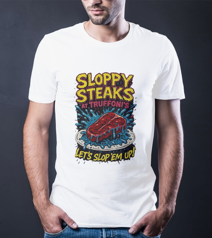 Sloppy Steaks At Truffoni’s Let’s Slop ’Em Up Steak Splash T-Shirt