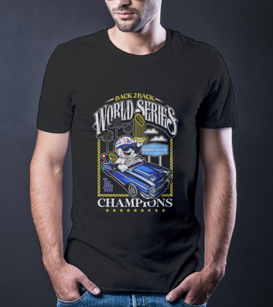 Back 2 Back World Series Champions Los Angeles Dodgers Dodger Stadium Vintage Car Celebration T-Shirt