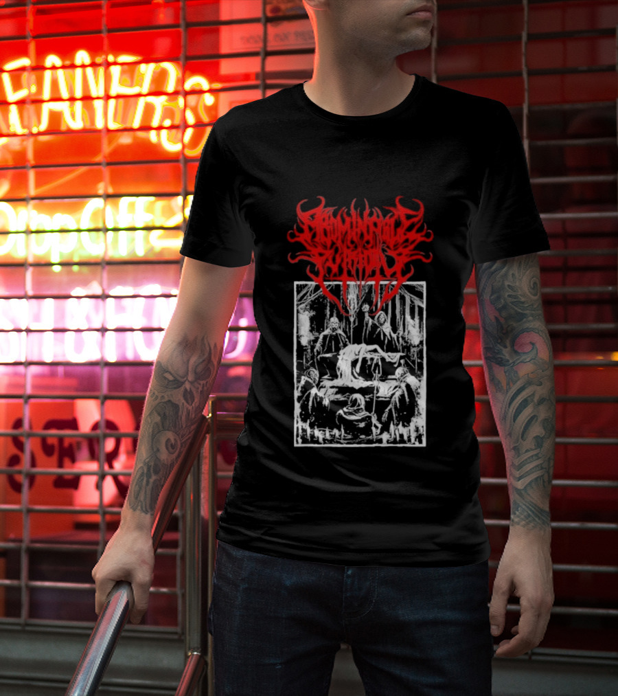 Abominable Putridity Digital Unholy Extreme Metal Art Red Logo Skeleton Design T-Shirt