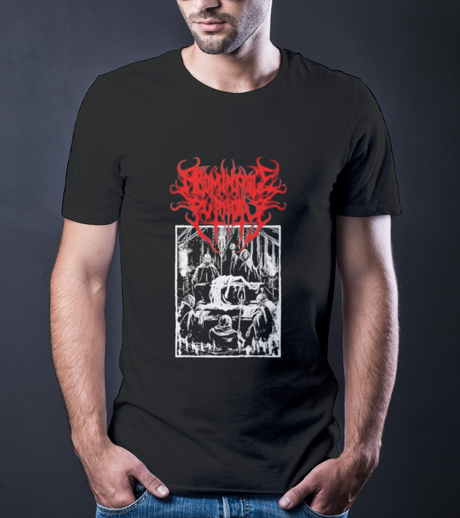 Abominable Putridity Digital Unholy Extreme Metal Art Red Logo Skeleton Design T-Shirt