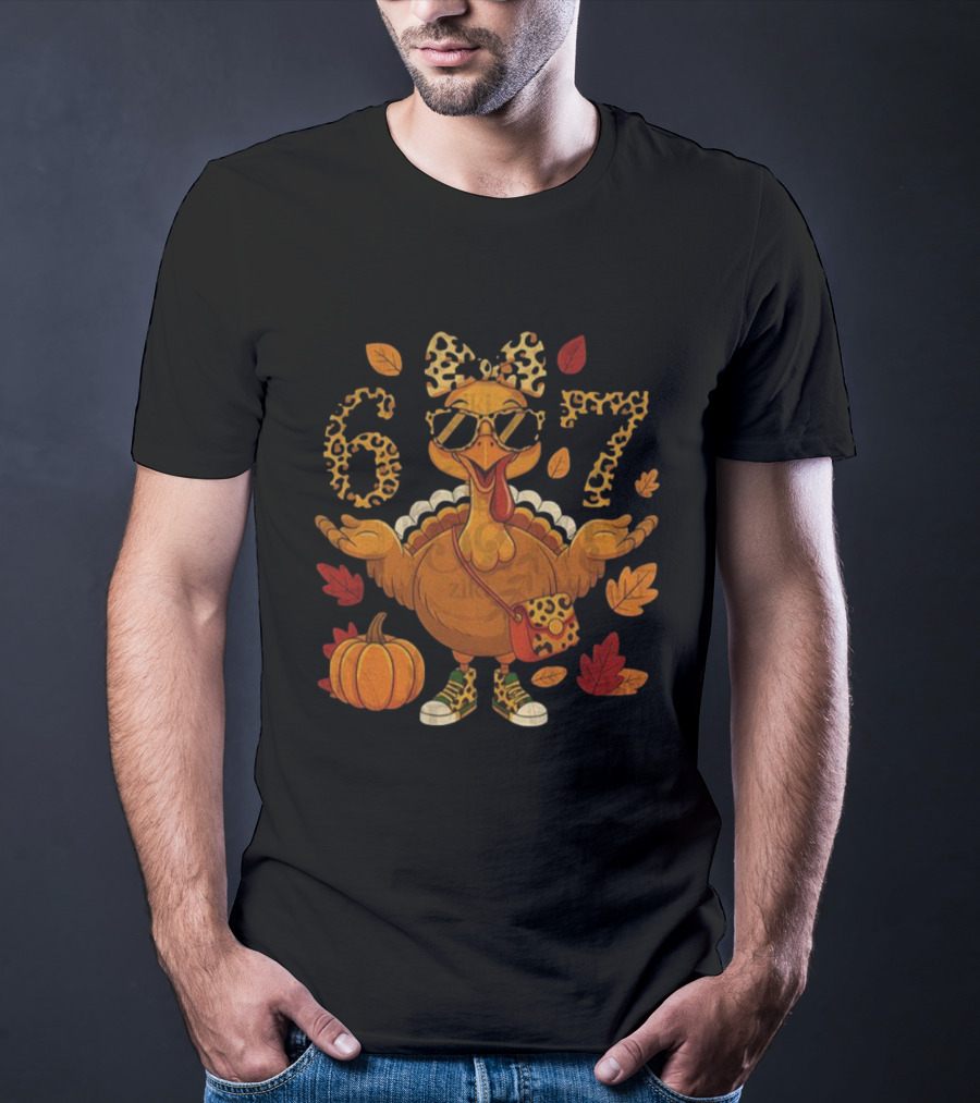 Boujee Turkey Leopard Bow 6 7 Meme Happy Thanksgiving Fall T-Shirt