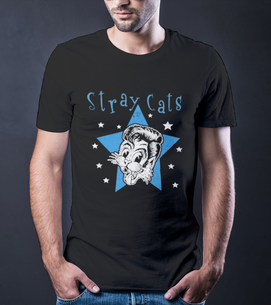 Stray Cats Rockabilly Star Cartoon Face With Blue Star T-Shirt