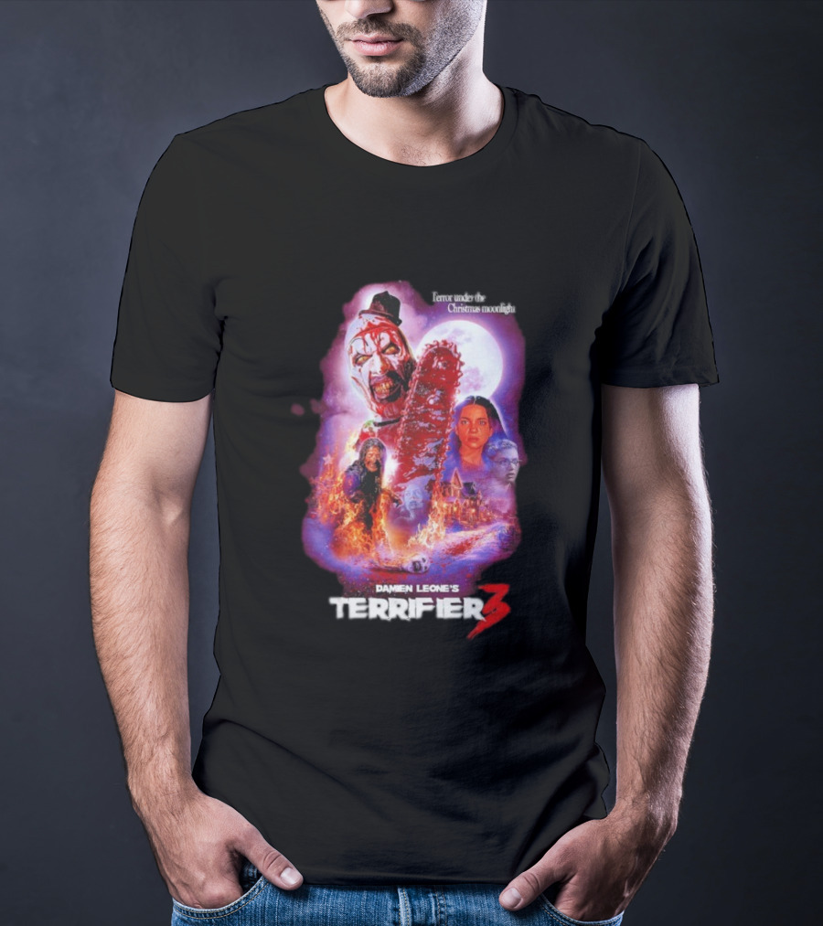 Damien Leone's Terrifier 3 Under The Christmas Moonlight Chainsaw Clown Horror T-Shirt