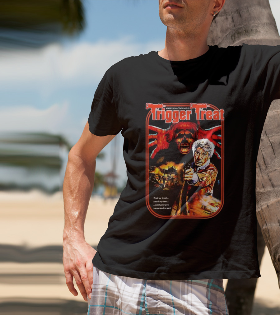 Walker Macdonald’s Trigger Treat Trick Or Treat Horror Skull And Shooter Scene T-Shirt