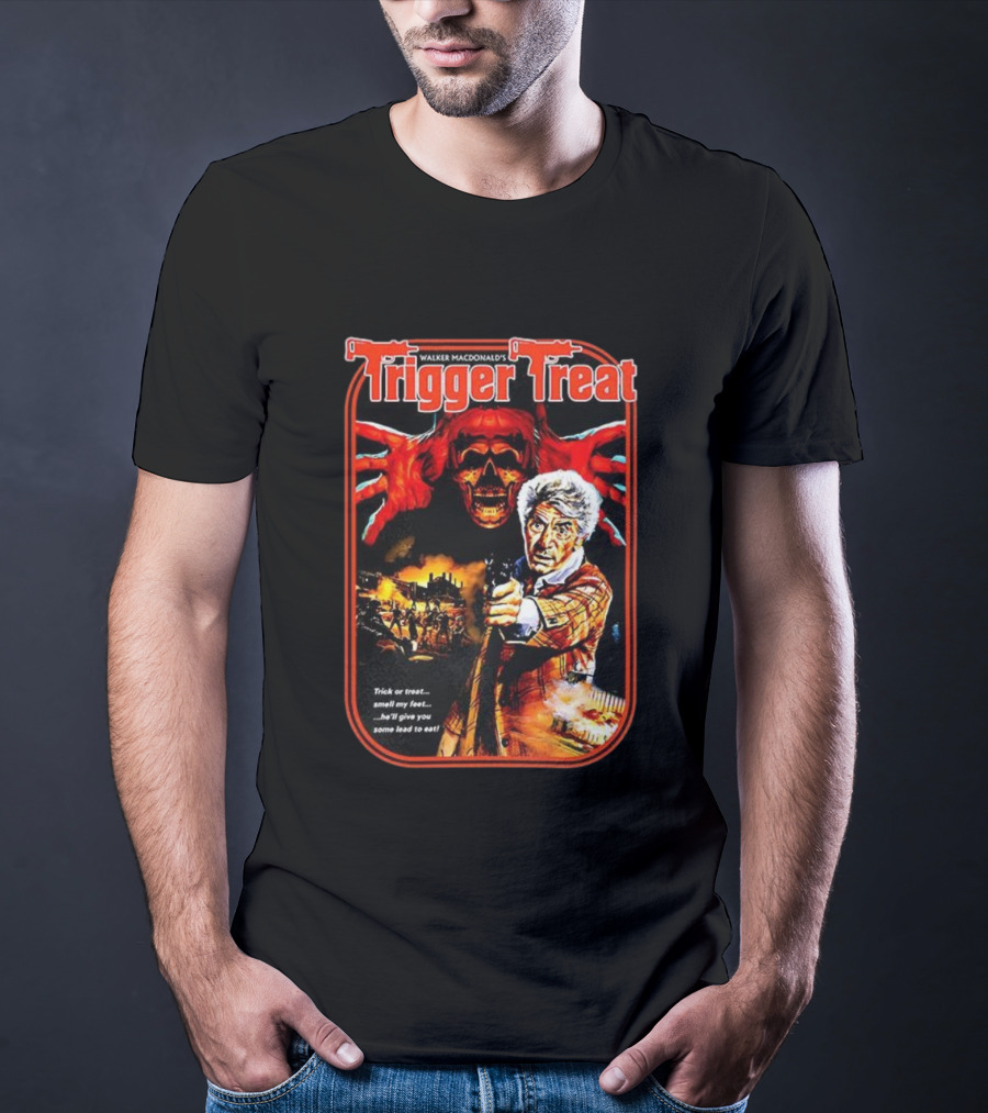 Walker Macdonald’s Trigger Treat Trick Or Treat Horror Skull And Shooter Scene T-Shirt