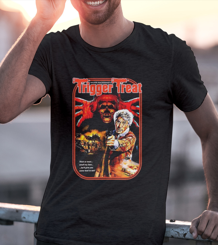 Walker Macdonald’s Trigger Treat Trick Or Treat Horror Skull And Shooter Scene T-Shirt