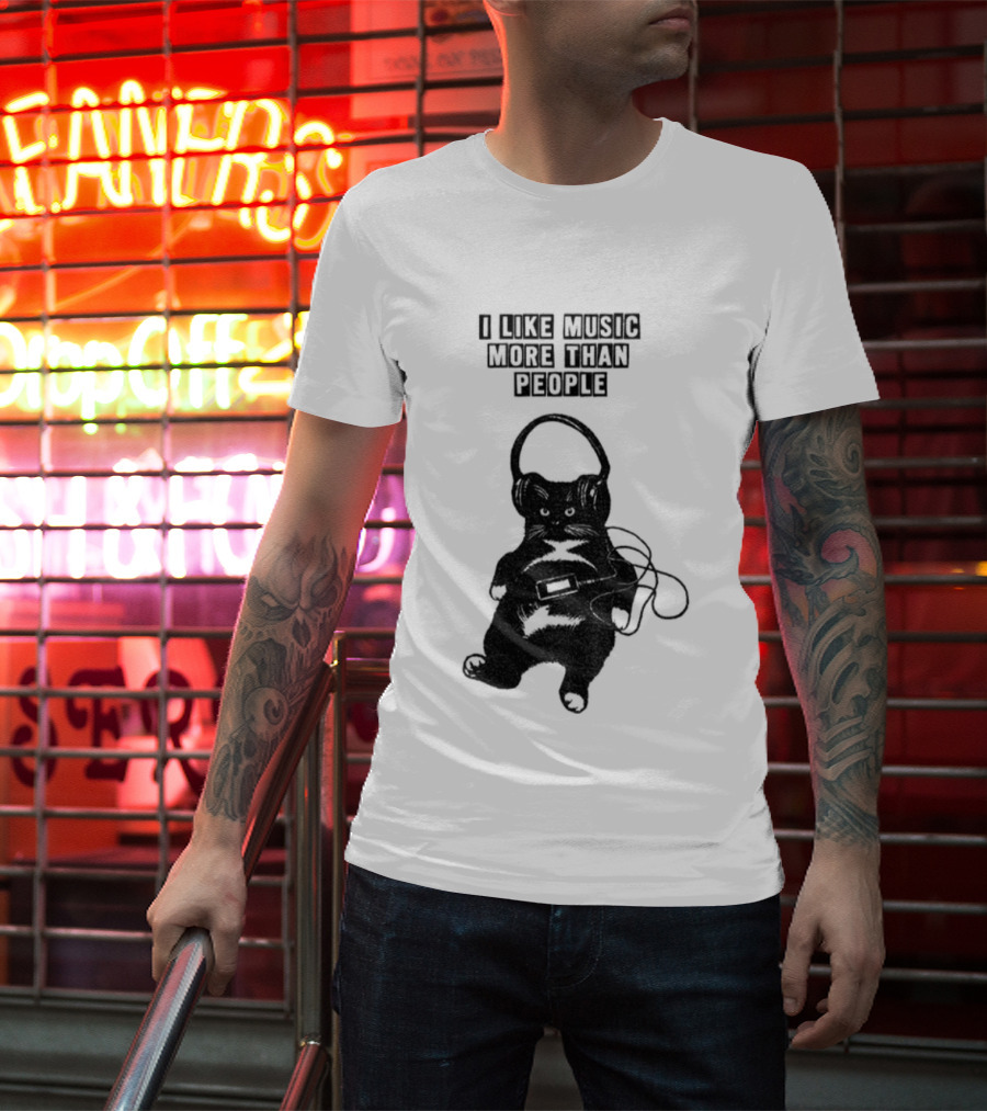 Black Cat With Headphones I Like Music More Than People T-Shirt