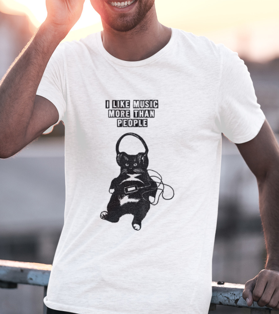 Black Cat With Headphones I Like Music More Than People T-Shirt
