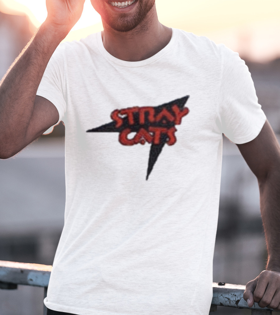 Stray Cats Rockabilly Band Red Text With Black Starburst Background T-Shirt