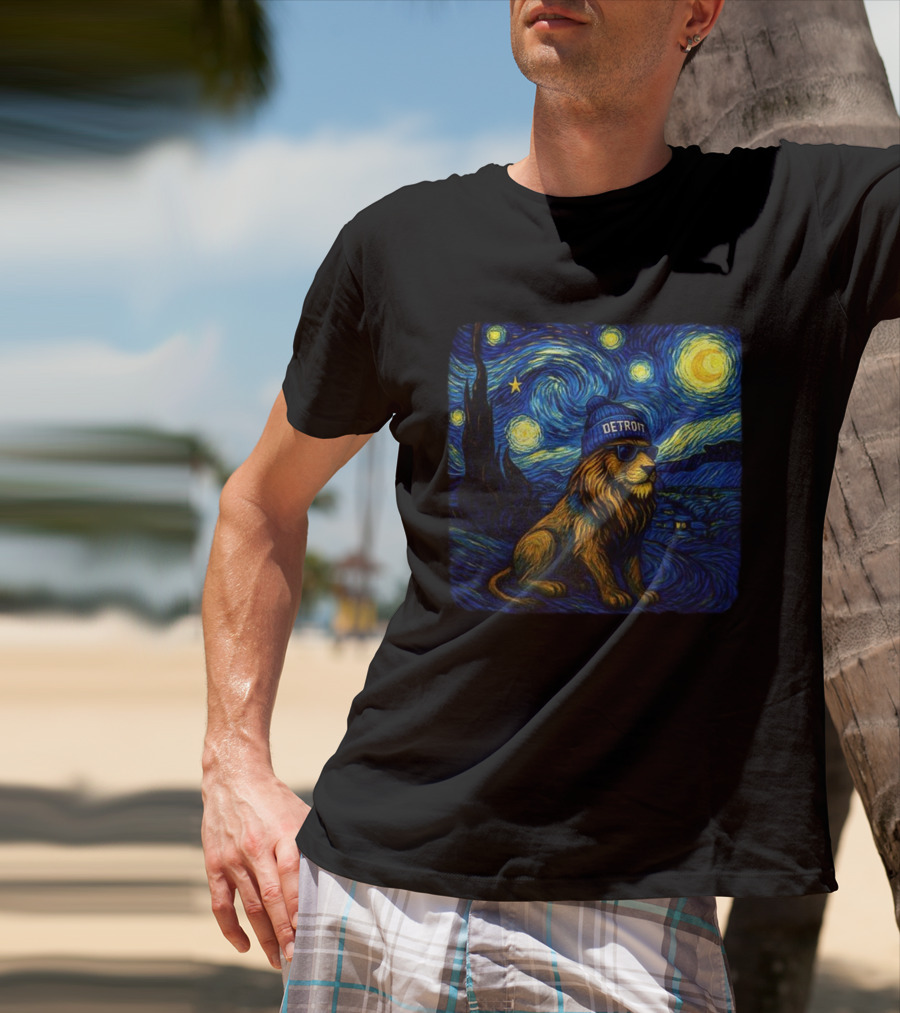 Detroit Lions Starry Night Van Gogh Style Lion With Beanie And Sunglasses T-Shirt