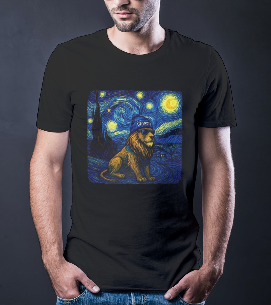 Detroit Lions Starry Night Van Gogh Style Lion With Beanie And Sunglasses T-Shirt