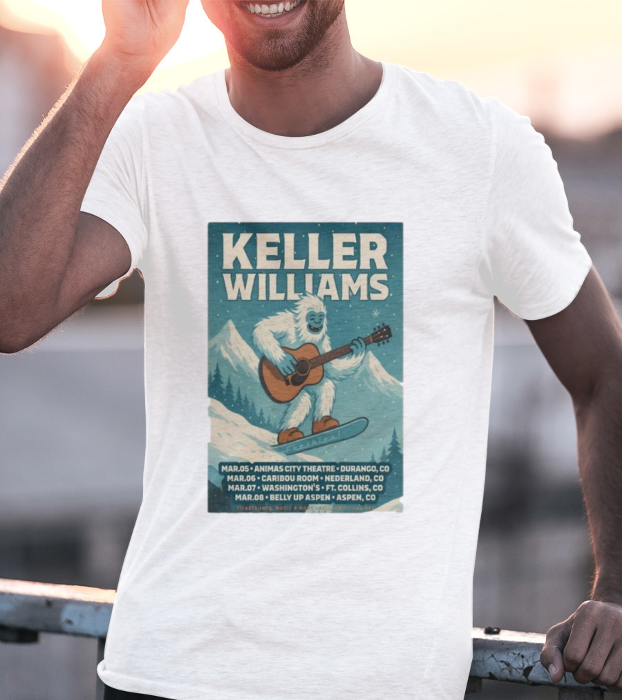 Keller Williams Winter 2026 Tour Guitar Ski Freshies Animas City Durango Caribou Nederland Washington's Fort Collins Belly Up Aspen T-Shirt
