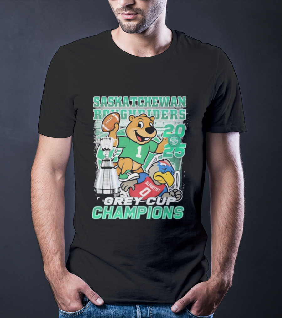 Saskatchewan Roughriders 2025 Grey Cup Champions Trophy Mascot Alouettes T-Shirt