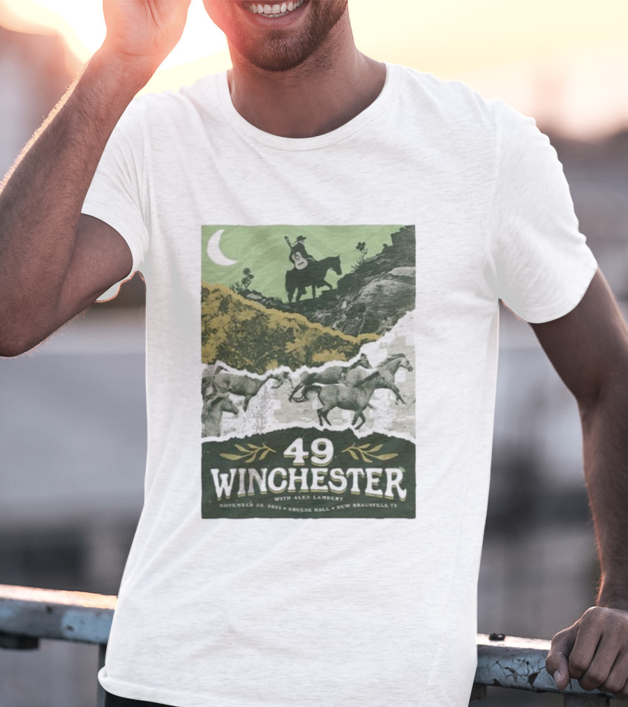 49 Winchester Alex Lambert November 20 2025 Gruene Hall New Braunfels TX Riding Guitar Moonlit Scene T-Shirt