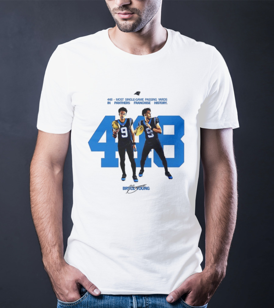 Carolina Panthers Bryce Young 448 Signature Blue Number 9 Football T-Shirt