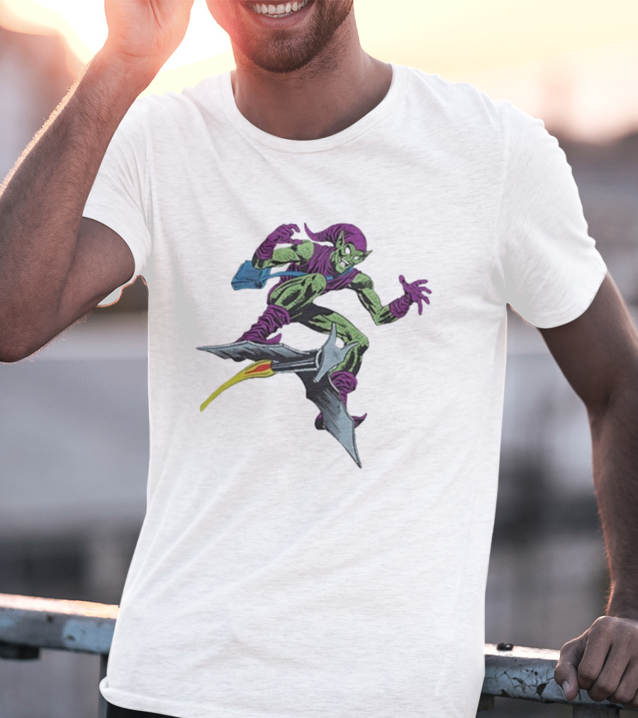 Green Goblin Marvel Character Flying Glider Comic Book Style Artwork T-Shirt