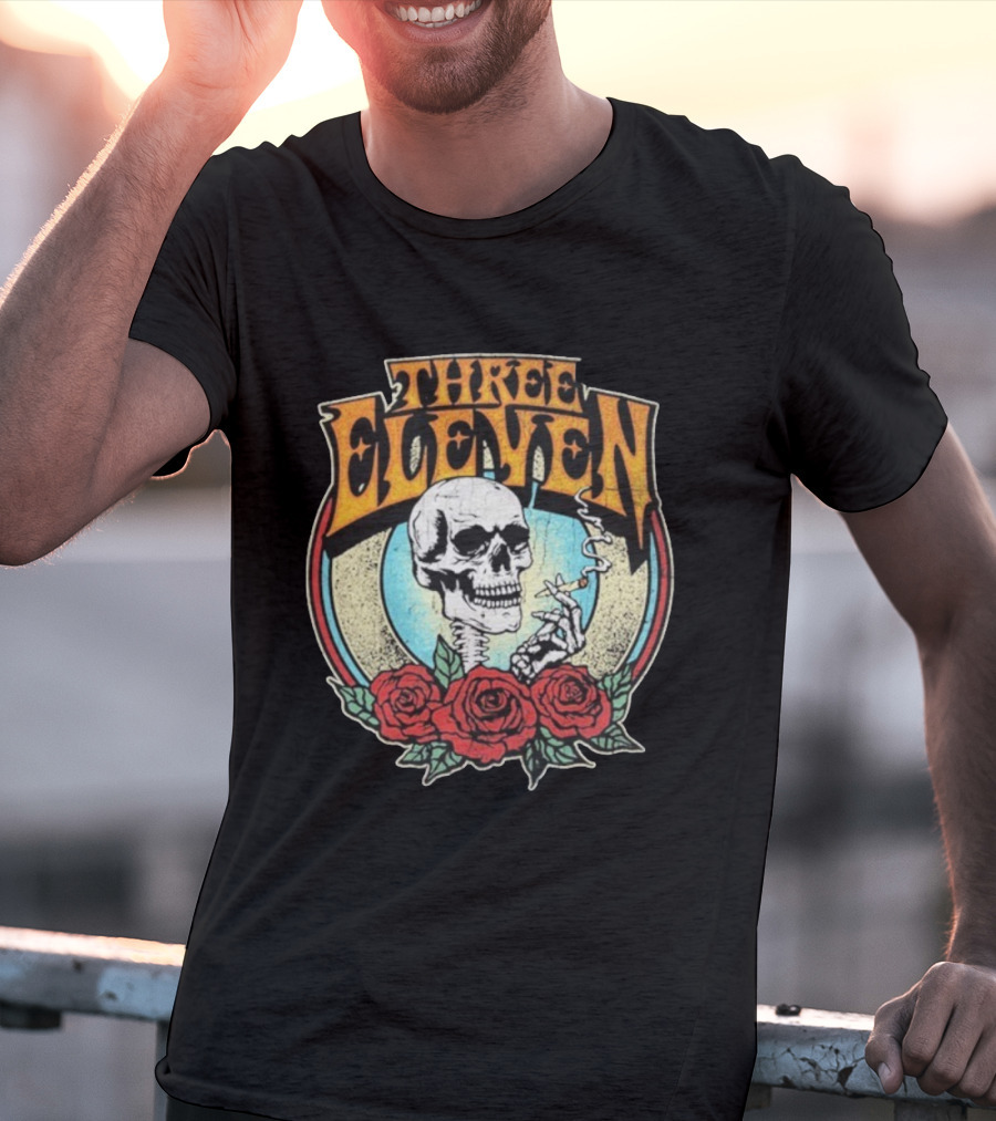 Three Eleven Smoking Skull With Roses Vintage Style T-Shirt