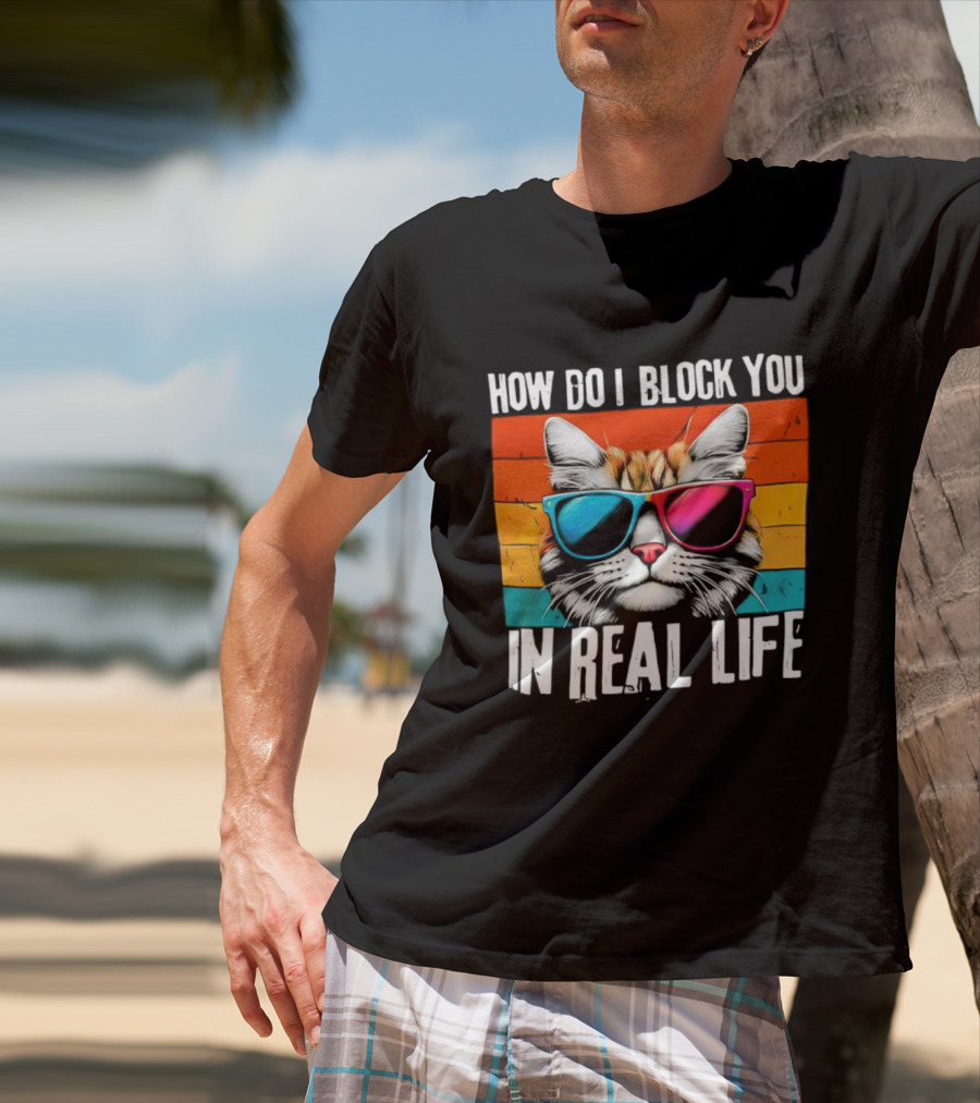 How Do I Block You In Real Life Cat Vintage Sunglasses Retro Stripes T-Shirt