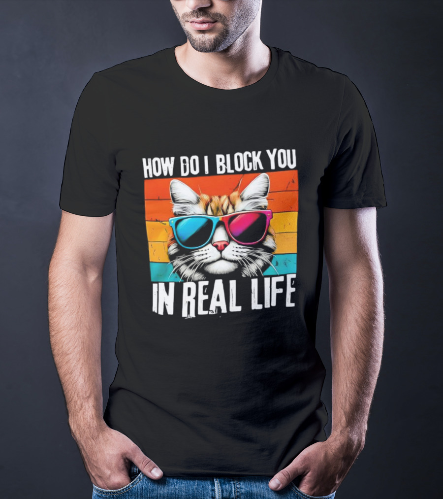 How Do I Block You In Real Life Cat Vintage Sunglasses Retro Stripes T-Shirt