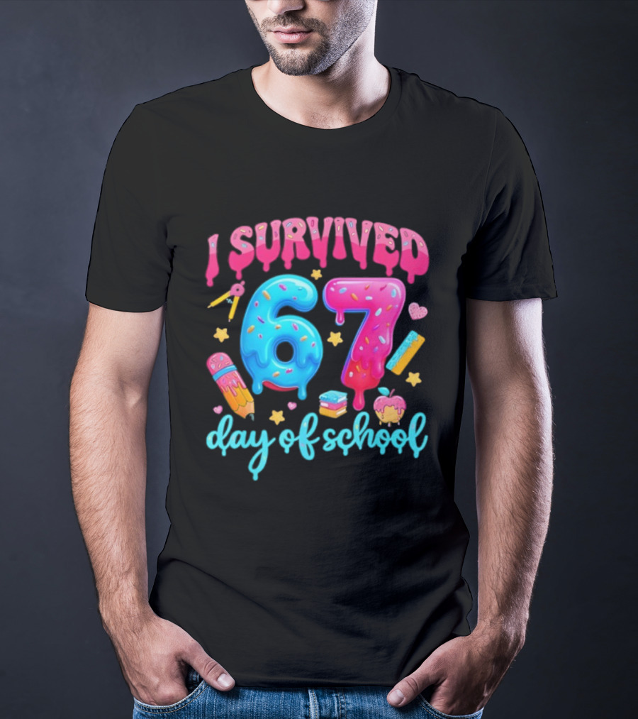 I Survived 67 Days Of School Pencil Cupcake Book Stars Hearts T-Shirt