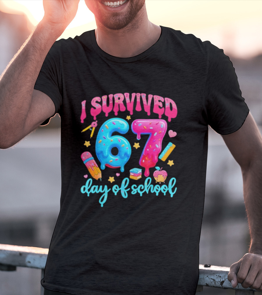I Survived 67 Days Of School Pencil Cupcake Book Stars Hearts T-Shirt