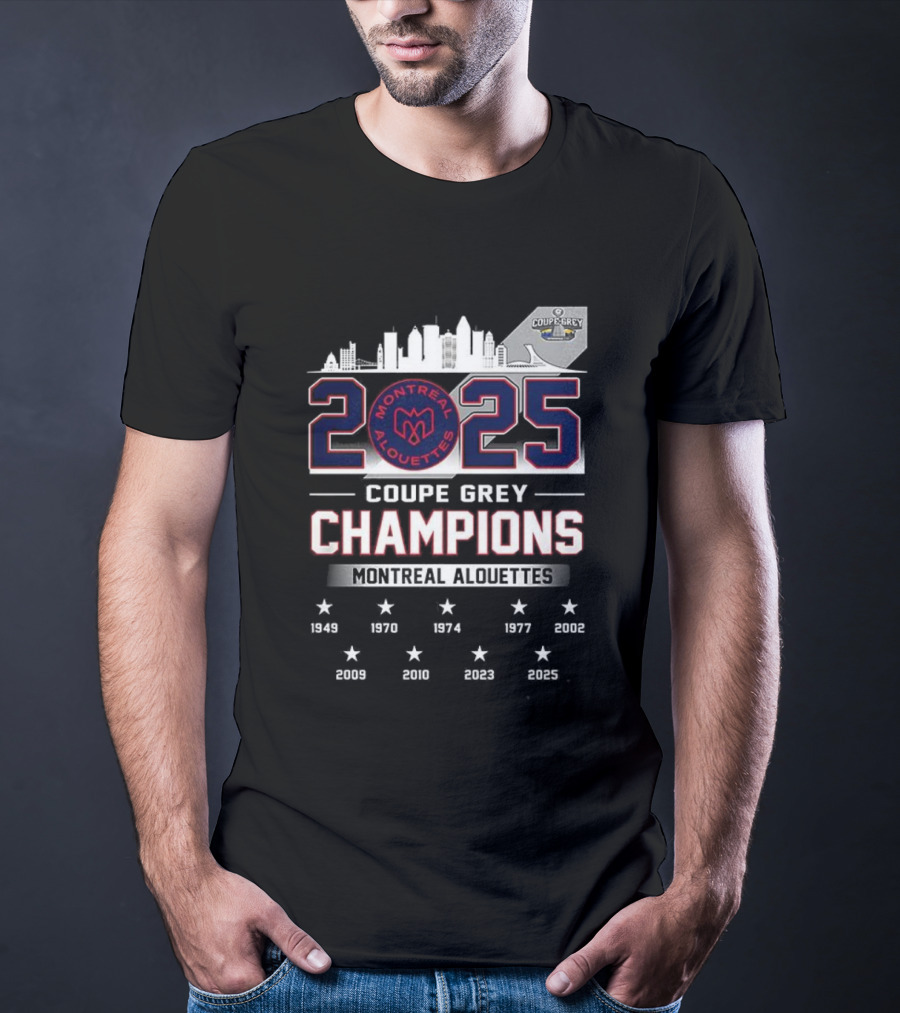 Montreal Alouettes 2025 Coupe Grey Champions City Skyline 1949-2002 T-Shirt