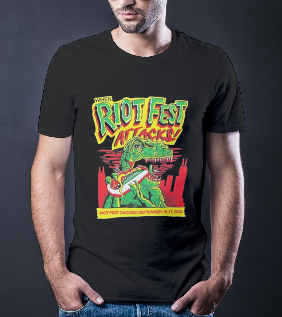 When Riot Fest Attacks Chicago September 15-17 2023 Dinosaur Hot Dog Skyline T-Shirt
