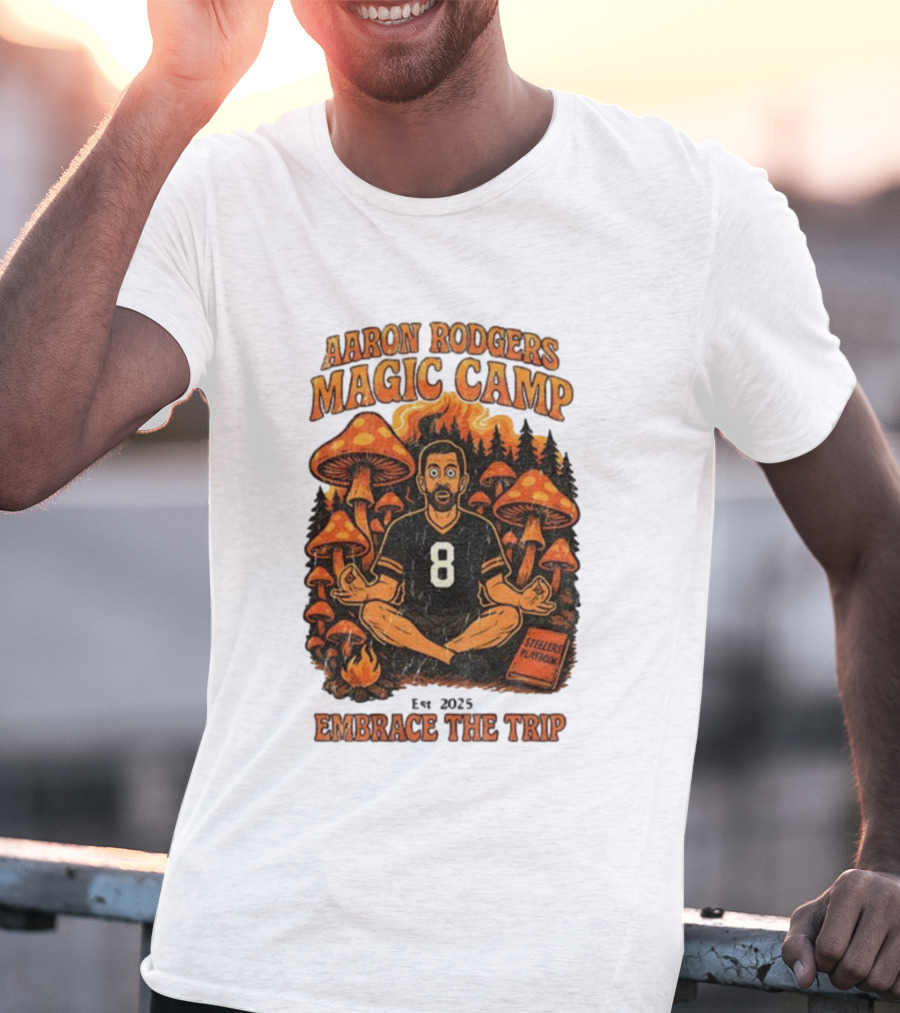 Aaron Rodgers Magic Camp Embrace The Trip Steelers Playbook Vintage 2025 Psychedelic Meditation Mushrooms T-Shirt