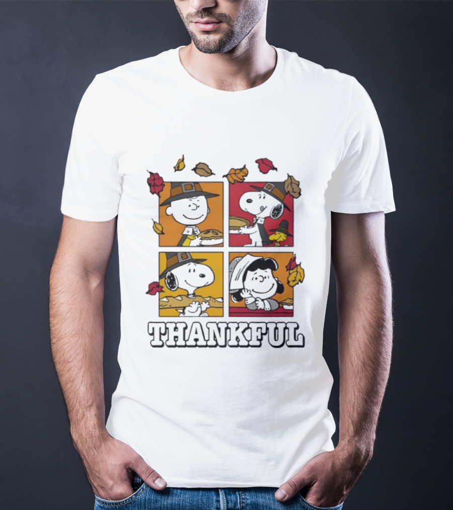 Snoopy Pilgrim Thanksgiving Thankful Leaves And Pie T-Shirt