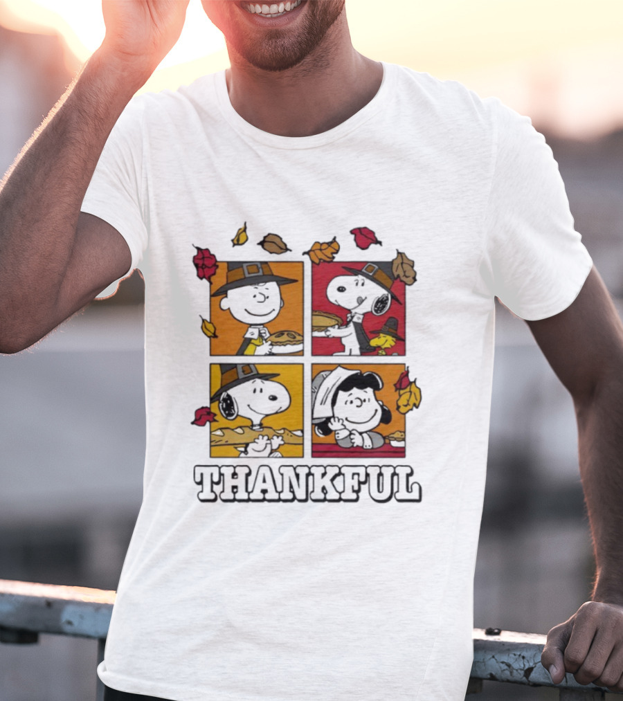 Snoopy Pilgrim Thanksgiving Thankful Leaves And Pie T-Shirt